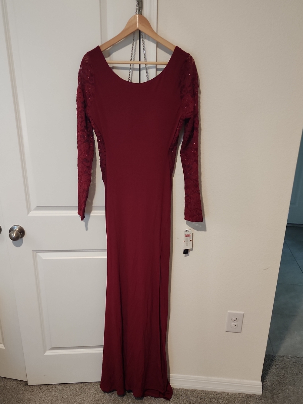 Sequin Hearts Burgundy Long Sleeve Lace-Sleeve Gown